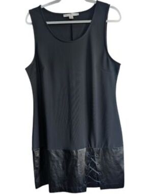 Boston Proper Black Sleeveless Shift Dress with Faux Leather Hem